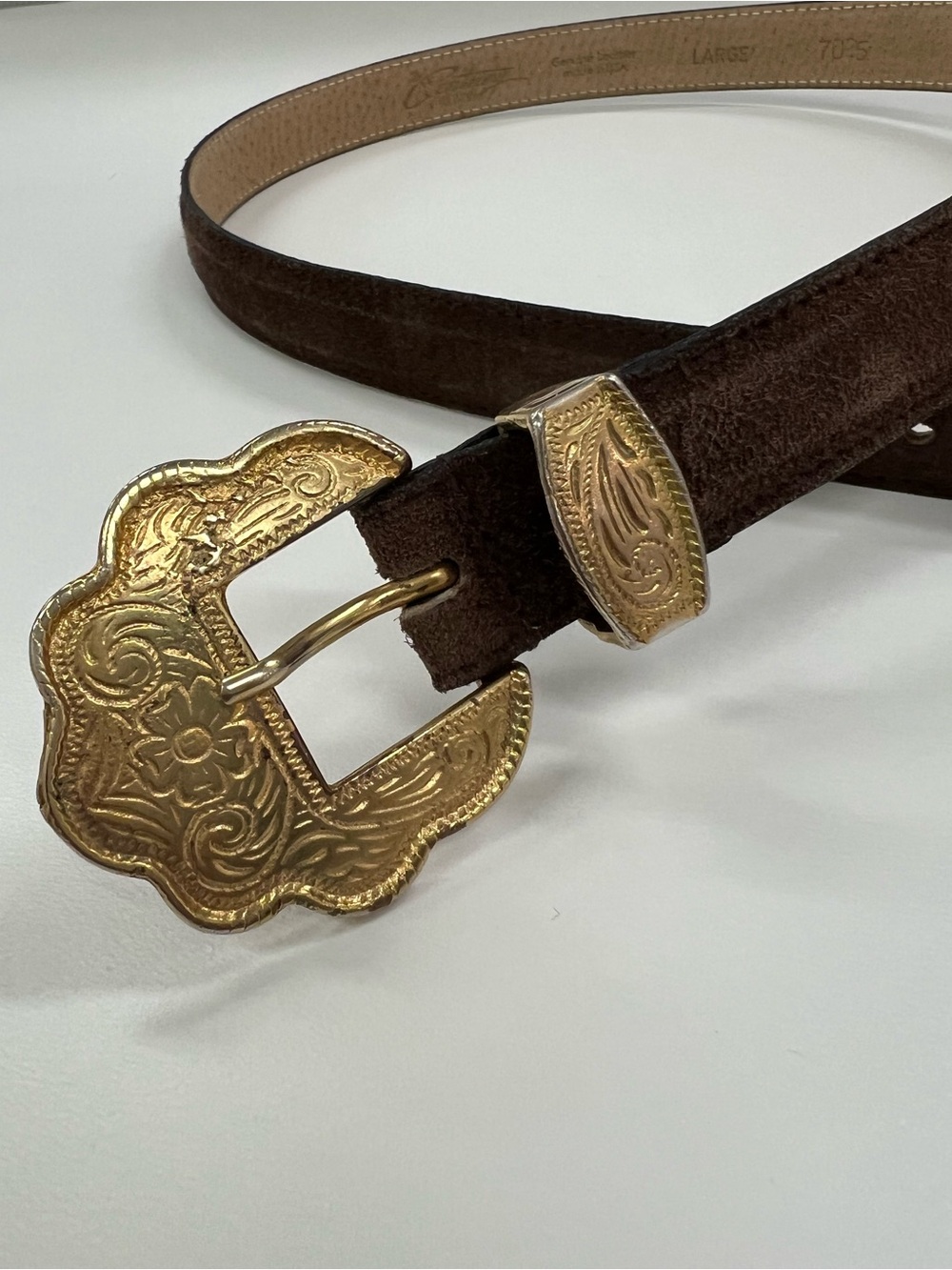 21 Century Woman Vintage Brown Suede Belt Floral Engraved Gold Buckle Western